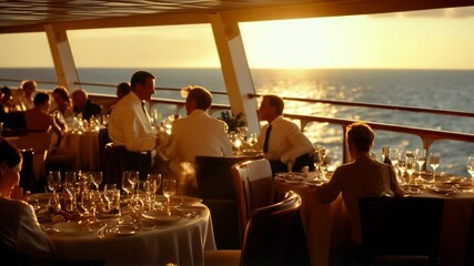 Cruise Elegant Fine Dining Experience on a Luxury Cruise Ship at Sunset Overlooking the Ocean. Video made using Generative AI.