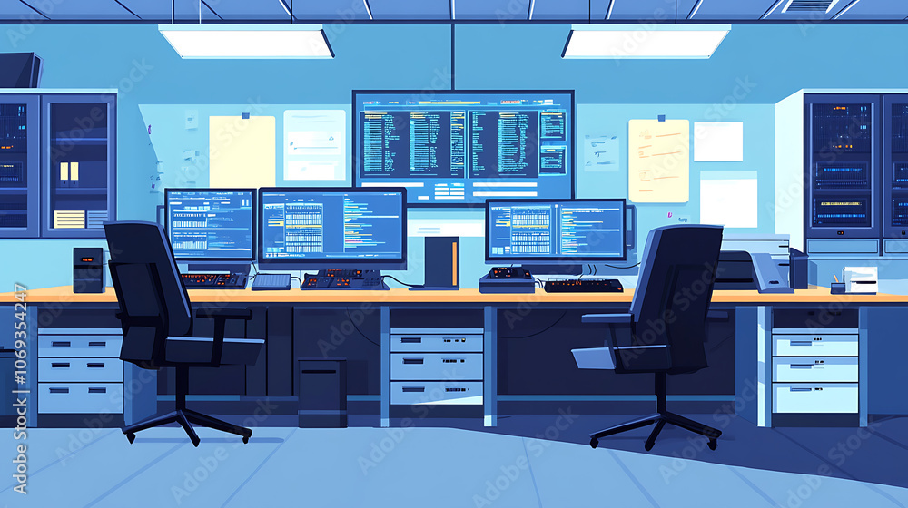 Aufkleber security system control room, workstation, monitoring room with security data center empty office, d