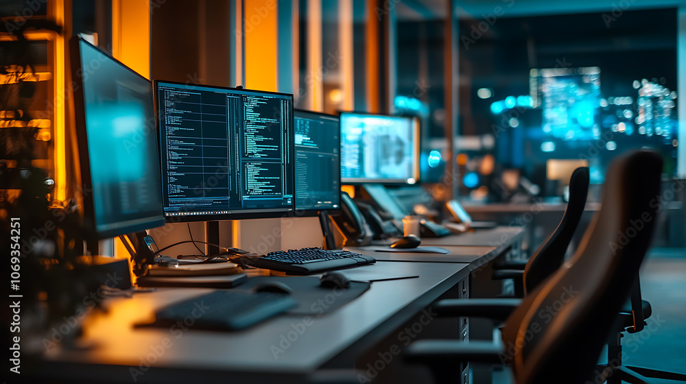 Poster security system control room, workstation, monitoring room with security data center Empty office, desk and chairs