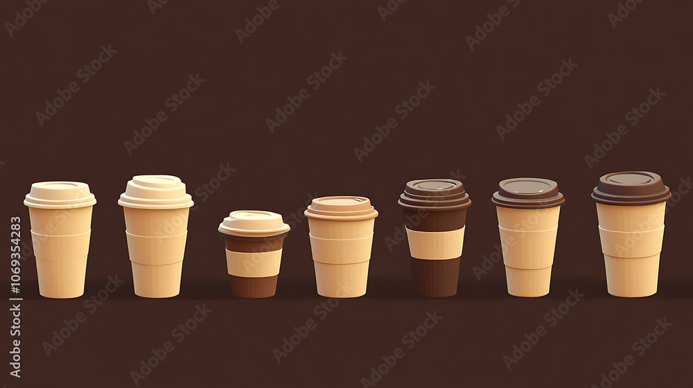 Poster set of icons with paper cups for coffee of different sizes and different lids
