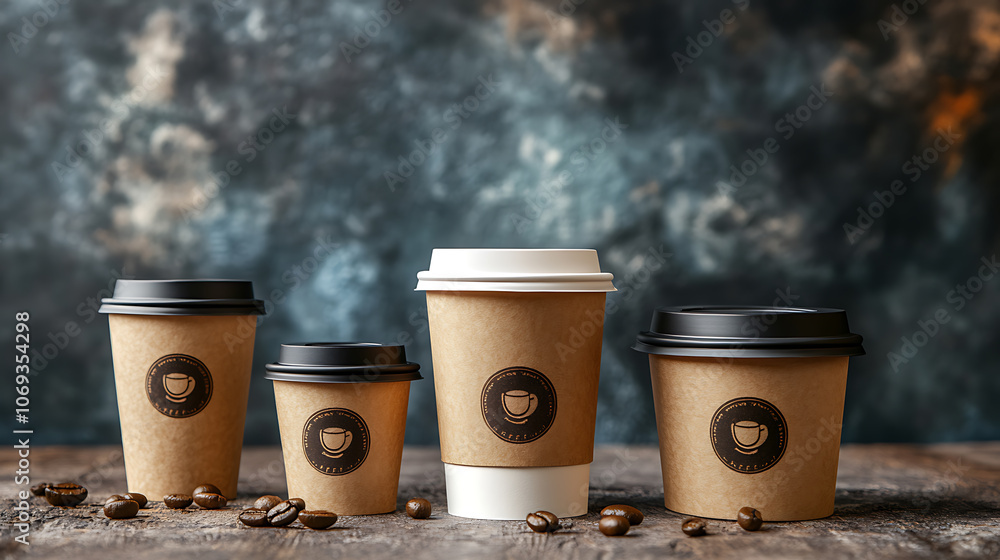 Poster set of icons with paper cups for coffee of different sizes and different lids