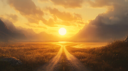 Obraz premium road to a golden sunrise