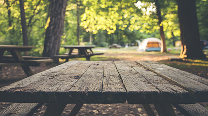 rustic wooden tabletop at a campgrounds in the wood