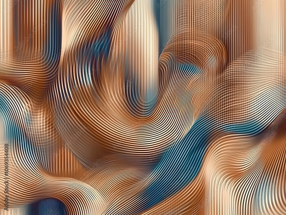 Poster abstract composition featuring dynamic lines in warm copper and cool blue tones, creating a sense of