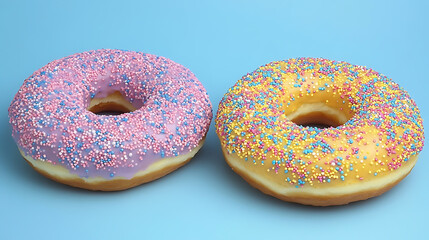 three different colored sprinkled donuts in a blue background