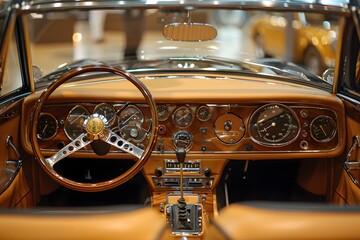 Obraz premium Luxurious Vintage Car Interior with Classic Dashboard and Leather Upholstery