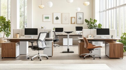 Modern Office Space with Multiple Desks, White and Wood Accents, and Eames-Style Chair

