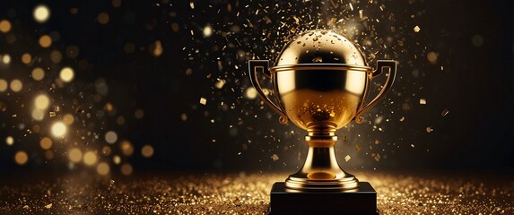 Golden Trophy in a Shower of Glitter: A gleaming golden trophy stands proudly on a pedestal, bathed in a shower of glittering confetti, symbolizing the pinnacle of success.