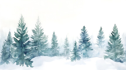 watercolor winter scene with green and blue pine trees