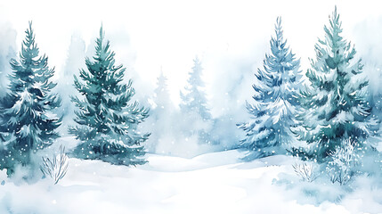 Obraz premium watercolor winter scene with green and blue pine trees