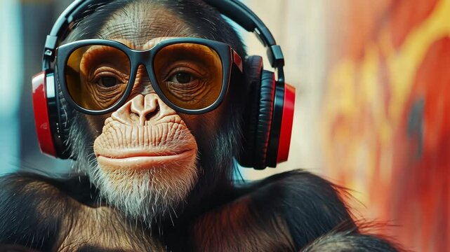 A chimpanzee wearing sunglasses and headphones looks directly at the camera