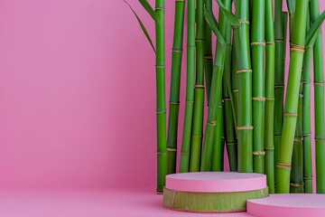 Bamboo stems and podiums on pink background  with generative ai