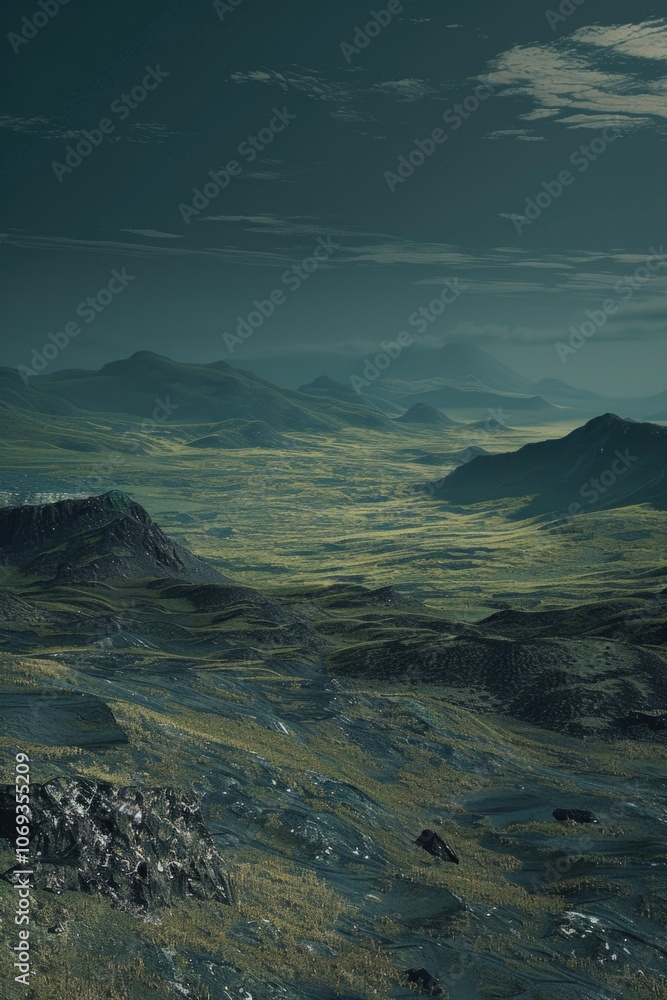 Poster a serene landscape with mountains in the distance, perfect for use as a background or adding texture