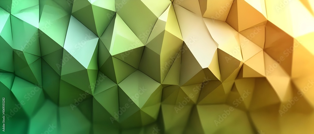 Poster an abstract geometric background featuring a blend of green, yellow, and cream-colored triangular sh