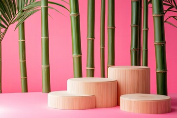 Bamboo stems and podiums on pink background  with generative ai