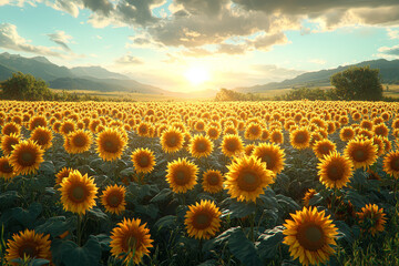 Obraz premium A vast field of sunflowers reaching toward the sun creates a joyful and vibrant image of nature's energy. Concept of beauty in nature.