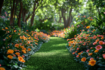 Fototapeta premium A tranquil garden filled with vibrant flowers and lush greenery creates a sense of peace and natural beauty. Concept of beauty in nature.