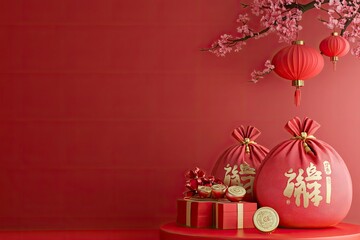 Chinese new year 2022 display podium with Yuan Bao gold sycee coin Chinese lucky bag gift box, copy space text, 3d rendering illustration with generative ai