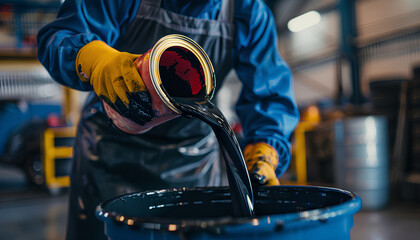 Male car painter in protective clothes pouring mixed paint from a can into a plastic mixing bucket at car service station