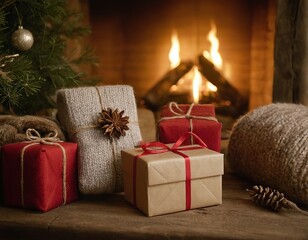 Festive holiday gifts wrapped in red and brown, cozy atmosphere by the fireplace with a pinecone.