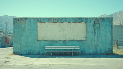 Street banner mockup PSD. Weathered concrete wall with bench and empty billboard