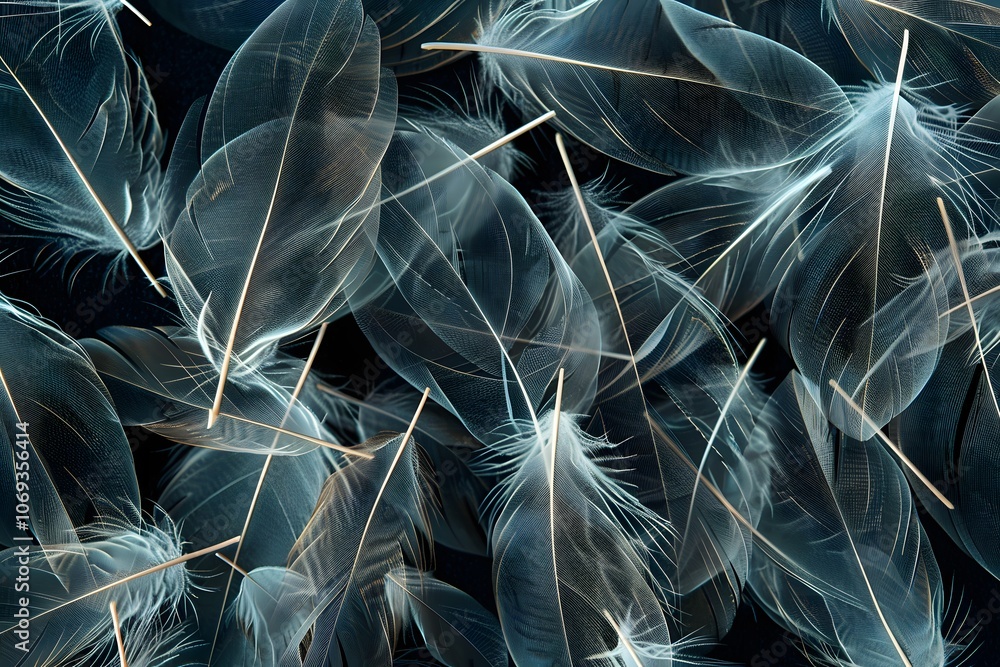 Poster ethereal collection of delicate feathers on a dark background