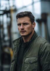 Obraz premium A man in a green jacket and a green sweater is standing in front of a building