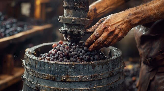Craftsman crushing grapes in a vintage press during harvest season in a vineyard