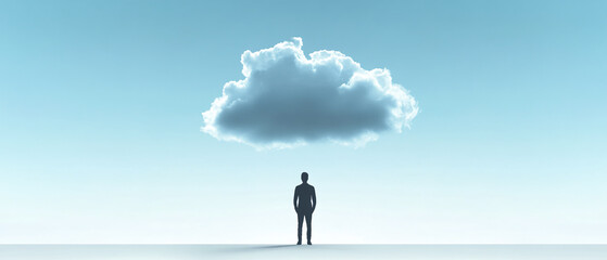 Silhouette of a Man Standing Under a Large Cloud in a Blue Sky