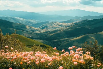 A scenic view of a mountain range with pink flowers blooming in the foreground, suitable for use in nature-inspired designs and projects