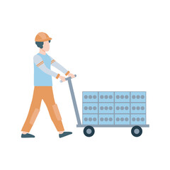Fish industry in flat design. Workman carrying canned tuna boxes by cart. Vector illustration isolated.