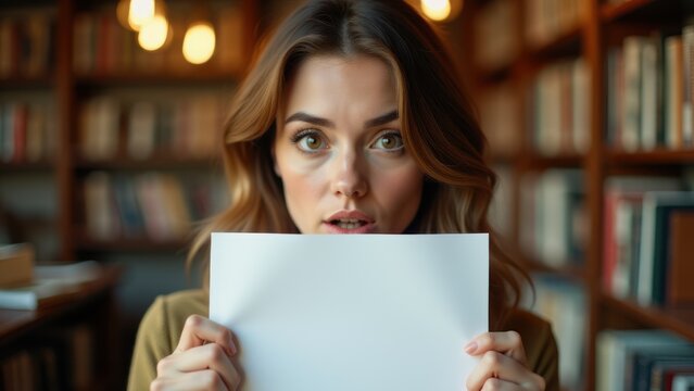 Curious woman holding a blank paper in a library setting, great for educational or personal branding with a sense of mystery and creativity.