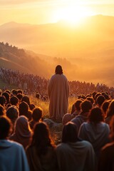 An inspiring scene of Jesus delivering the Beatitudes on a sunlit hillside, surrounded by a diverse crowd listening intently, as gentle breezes rustle through the grass, creating an atmosphere of peac