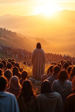 An inspiring scene of Jesus delivering the Beatitudes on a sunlit hillside, surrounded by a diverse crowd listening intently, as gentle breezes rustle through the grass, creating an atmosphere of peac