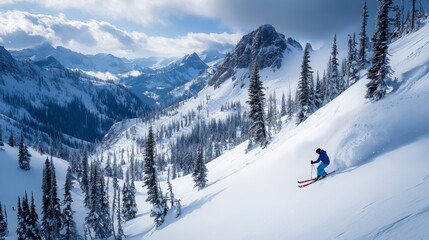 Fototapeta premium Action shot of a skier in blue on an alpine slope; winter sports in full swing