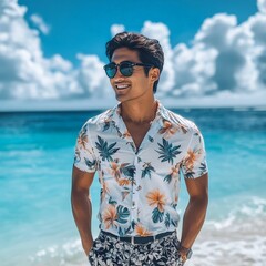 Smiling tourist man in Hawaiian shirt walking by tropical beach in summer