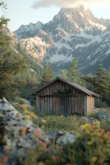 Fototapeta premium A small cabin situated in the midst of a mountain landscape