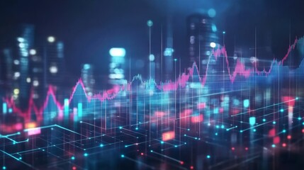 Obraz premium Business analytics data visualization over a futuristic cityscape.