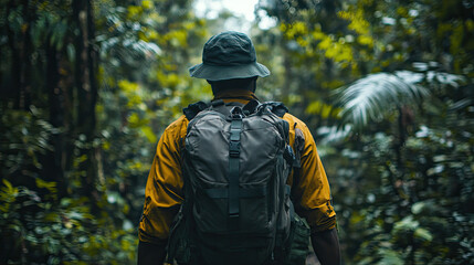 Exploring the lush green jungle with a backpack and hat