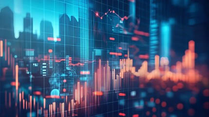 Business analytics data visualization over a futuristic cityscape.