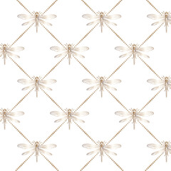 Pattern with golden dragonflies.Vector seamless pattern with golden dragonflies on a transparent background.