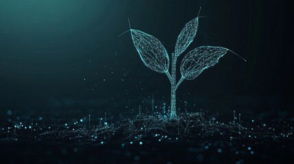 Young plant breaking through digital soil in a futuristic style symbolizing resilience and growth Wireframe illustration on a dark night background with light effects