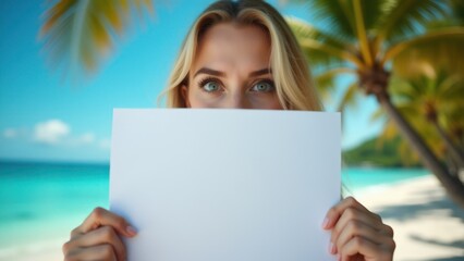 Young woman holding blank paper on a sunny tropical beach, ideal for vacation ads, travel promotions, or customizable messages in a natural setting.