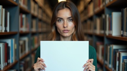Serious woman in a library holding a blank paper, great for academic messages, research promotions, and educational content in a knowledge-filled environment.