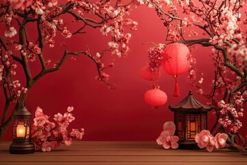 Chinese new year,Podium and background,Chinese Festivals, Mid Autumn Festival , flower and asian elements on background. with generative ai