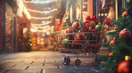 Fototapeta premium Christmas shopping scene with a cart full of festive decoration