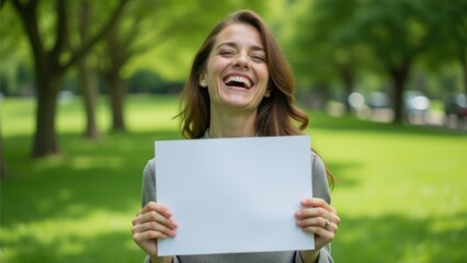 Joyful woman with blank paper in a lush green park, perfect for customizable lifestyle content, natural branding, or outdoor messages.