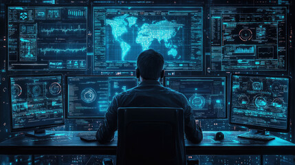 Advanced technology and data analysis in a futuristic control room