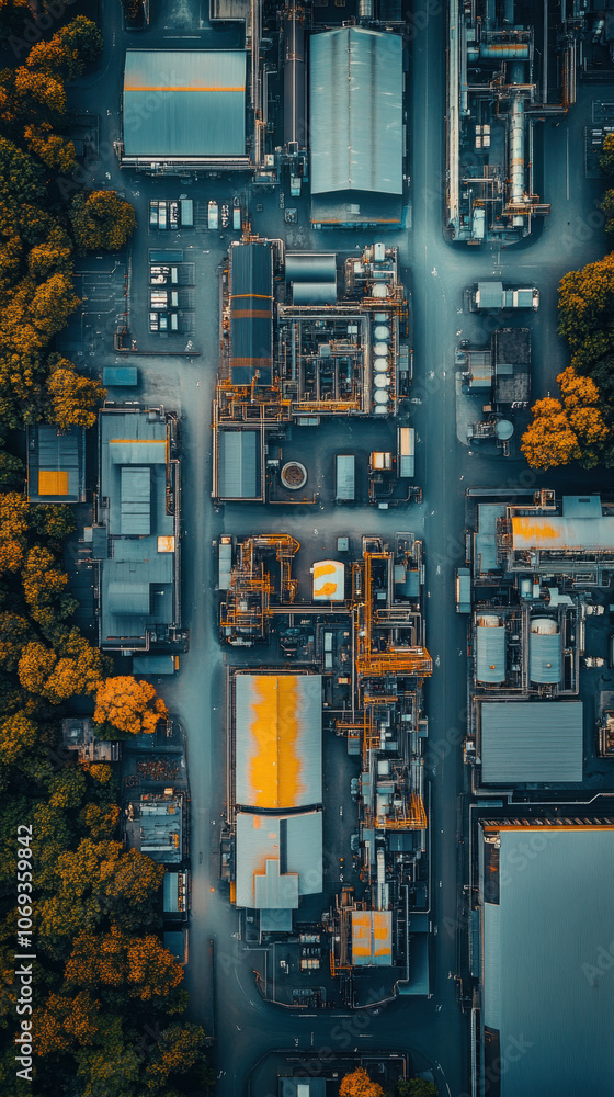 Poster aerial view of industrial buildings and structures, surrounded by greenery, showcasing complex layou