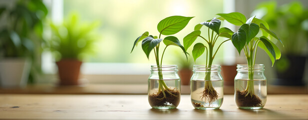 Growing plants in glass jars with water: indoor hydroponic leafy plants in bright sunlight